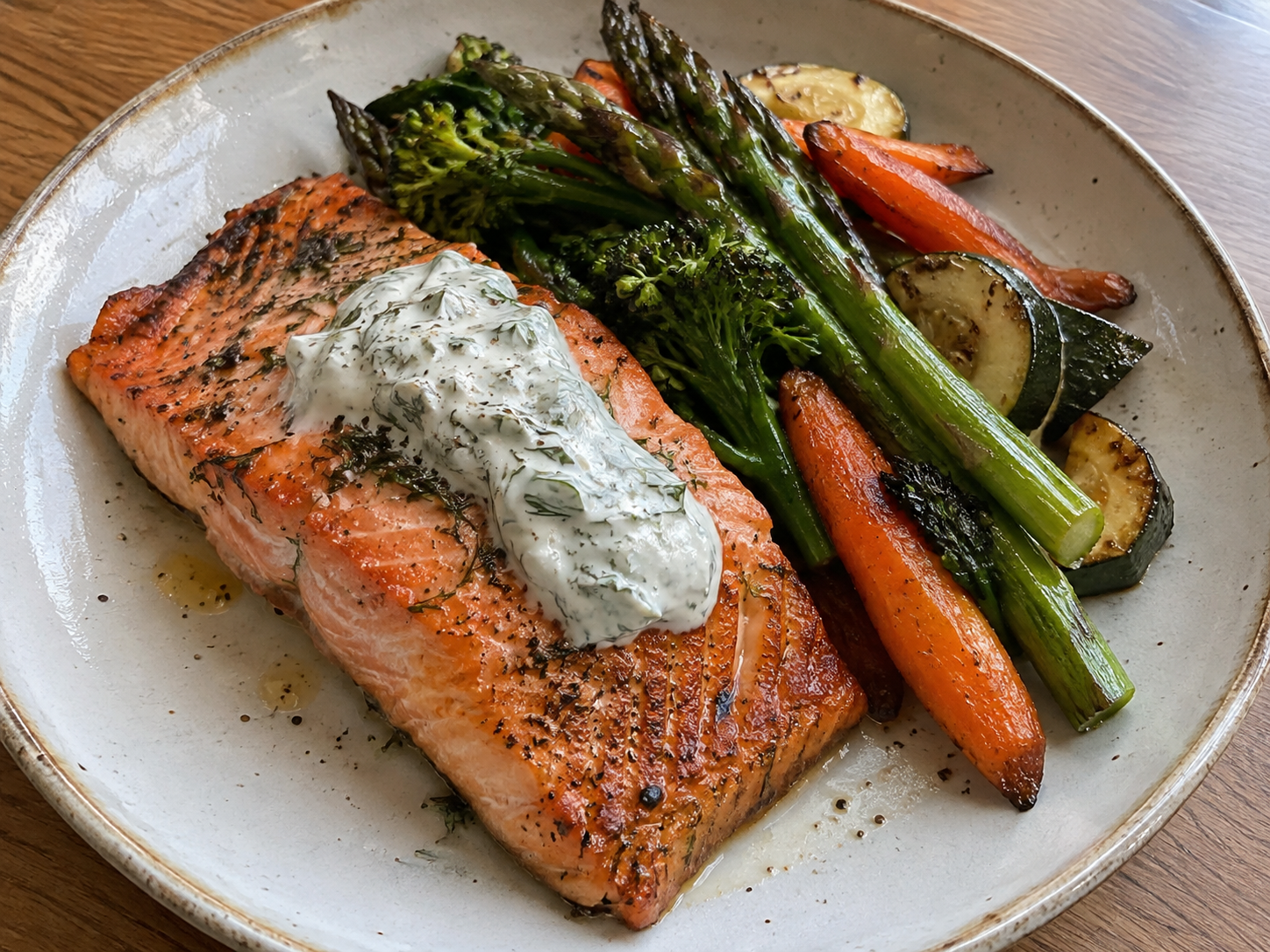 Roasted King Salmon with Horseradish Herb Cream and Seasonal Vegetables