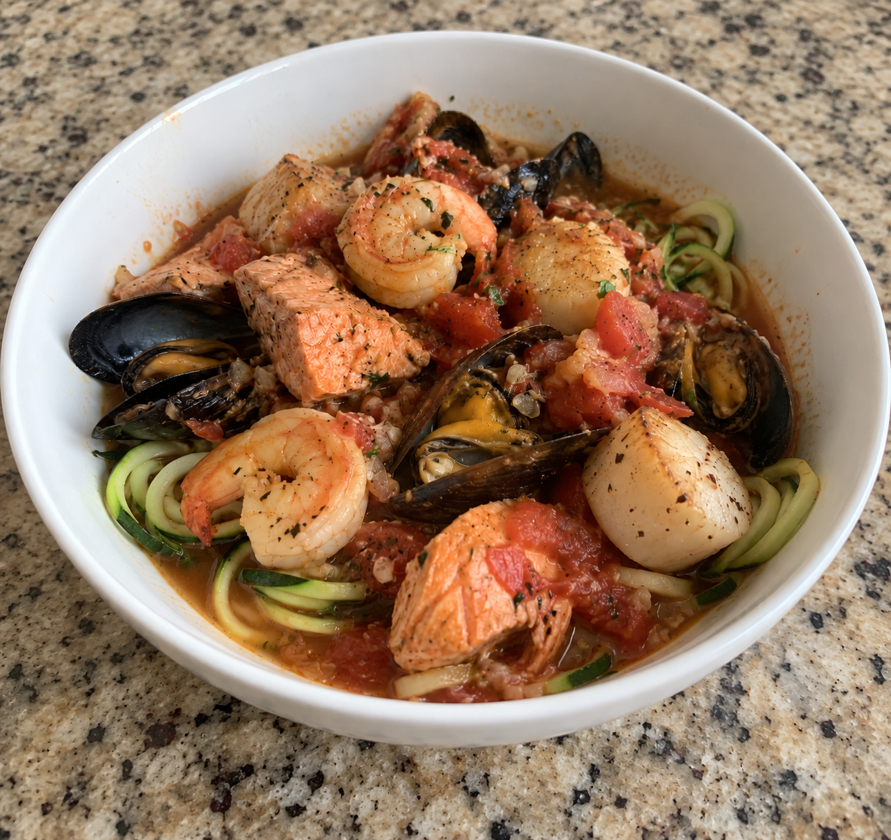 Salmon, Scallop, Shrimp &amp; Mussel Cioppino over Zucchini Noodles