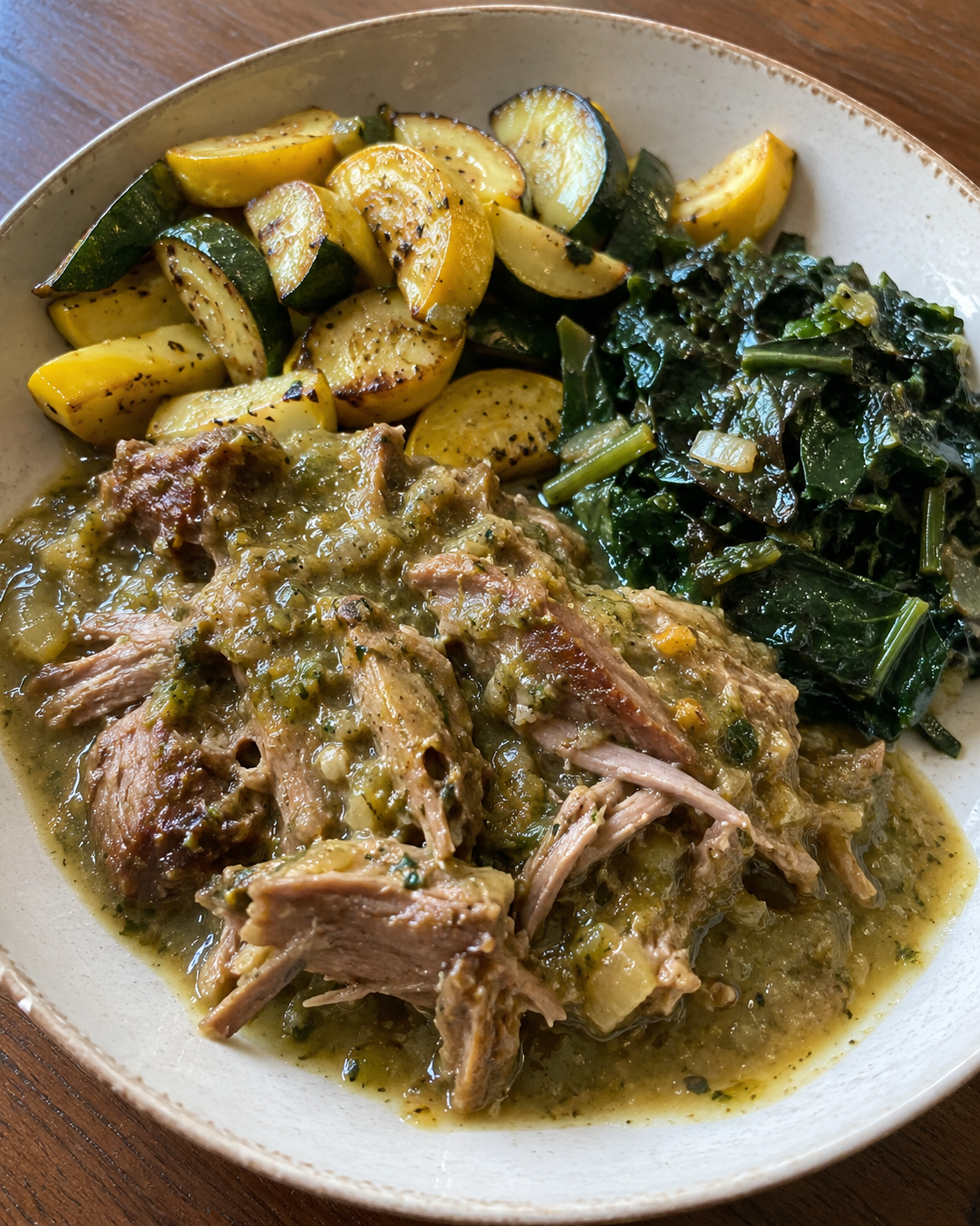 Pork Verde with Sautéed Zucchini and Yellow Squash and Braised Summer Greens