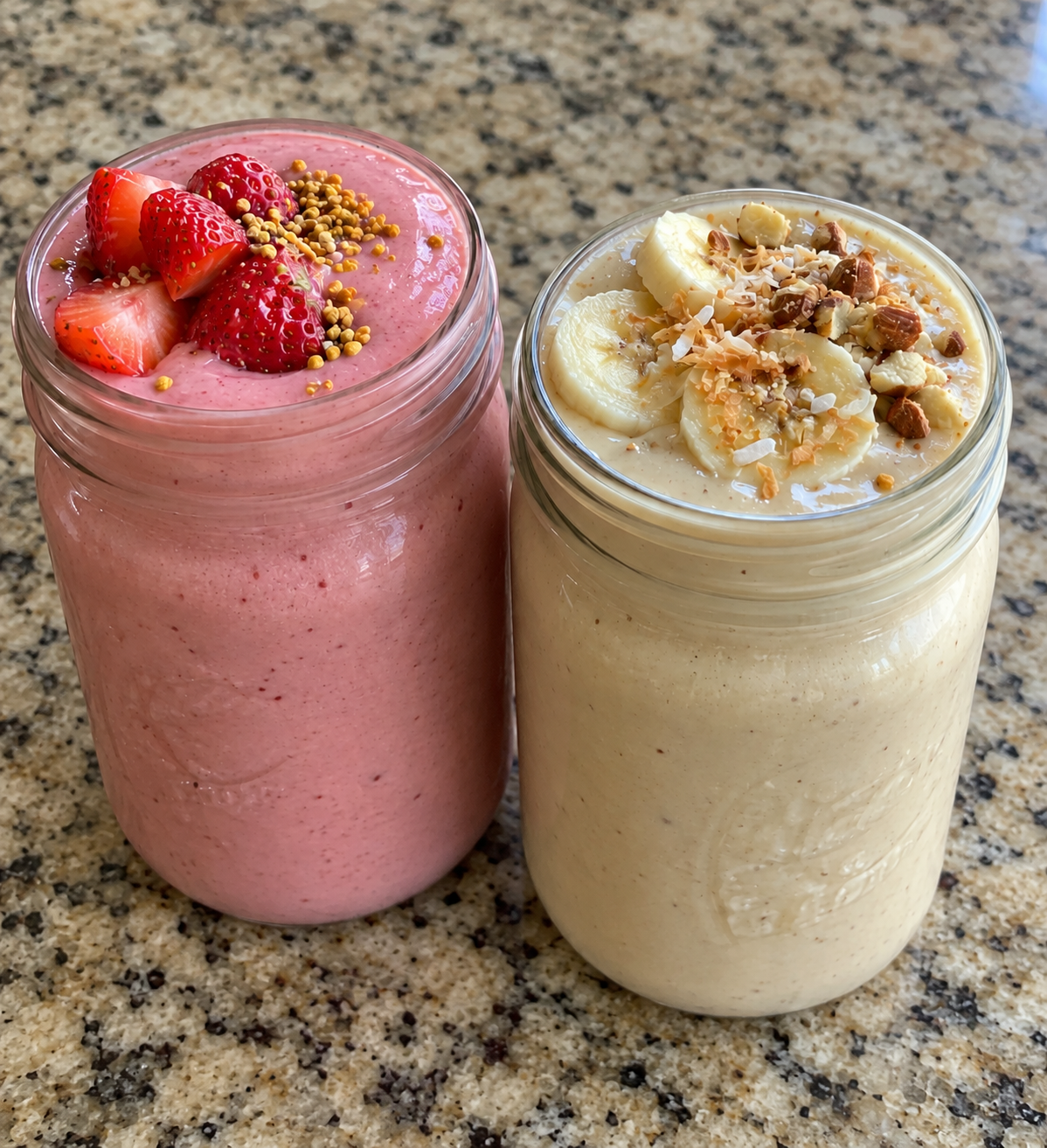 Fruity Collagen and Creatine Smoothies: Strawberry Collagen Cream and a Banana-Vanilla "Milkshake"