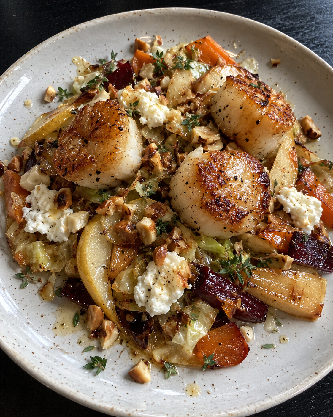 Seared Scallops with Warm Hazelnut-Goat Cheese and Autumn Vegetable-Pear Medley