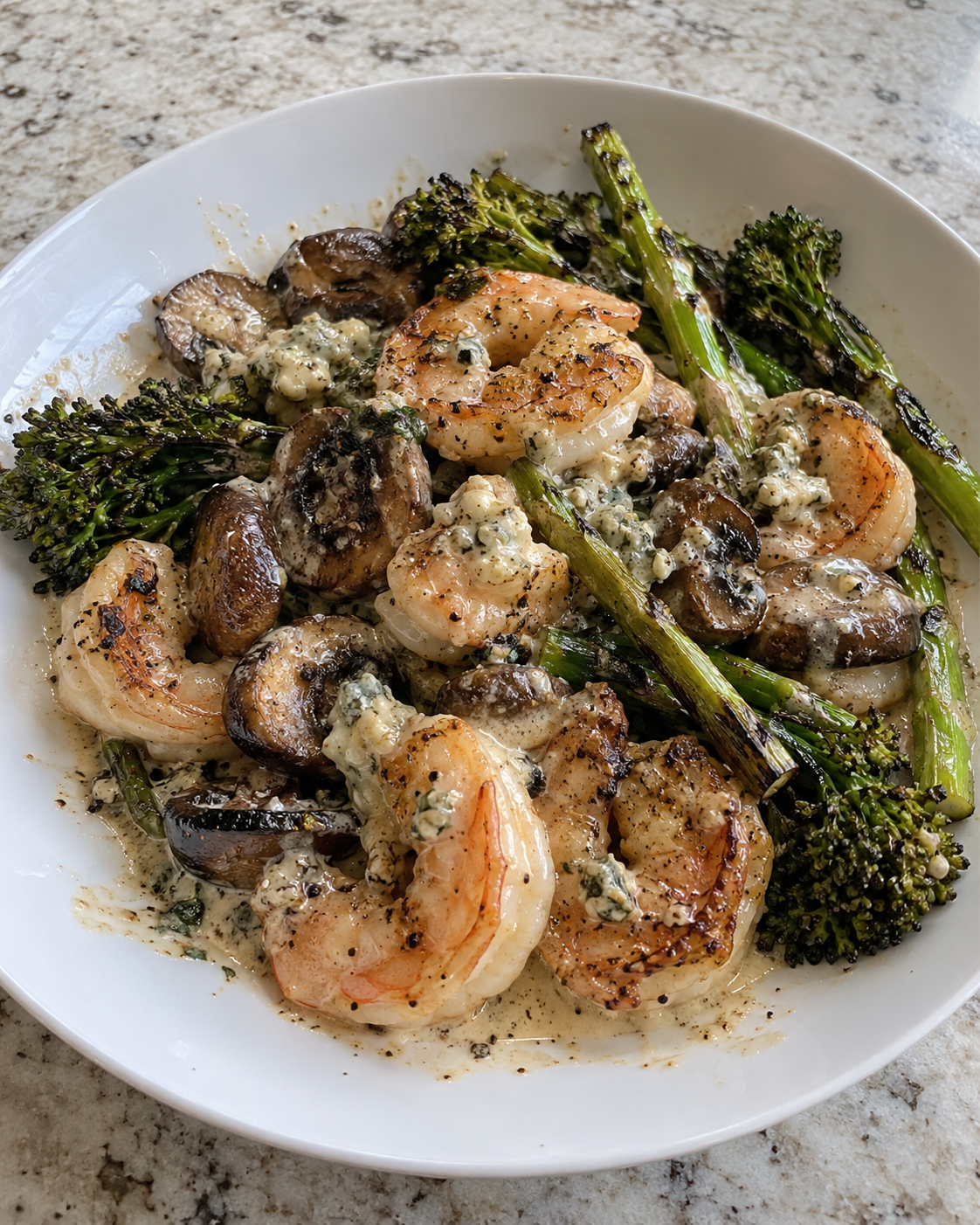 Shrimp with Roasted Mushrooms, Gorgonzola Cream, and Charred Broccolini and Asparagus