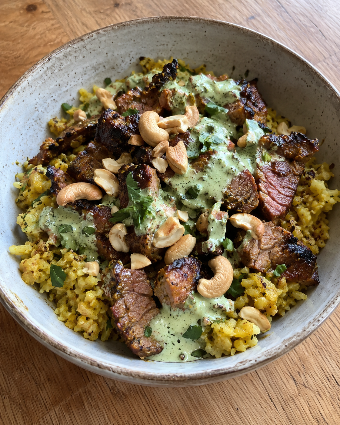 Tandoori Lamb with Mint-Yogurt Chutney, Cashews, Coconut-Turmeric Cauliflower Rice, and CUMIN-Coriander Roasted Vegetables