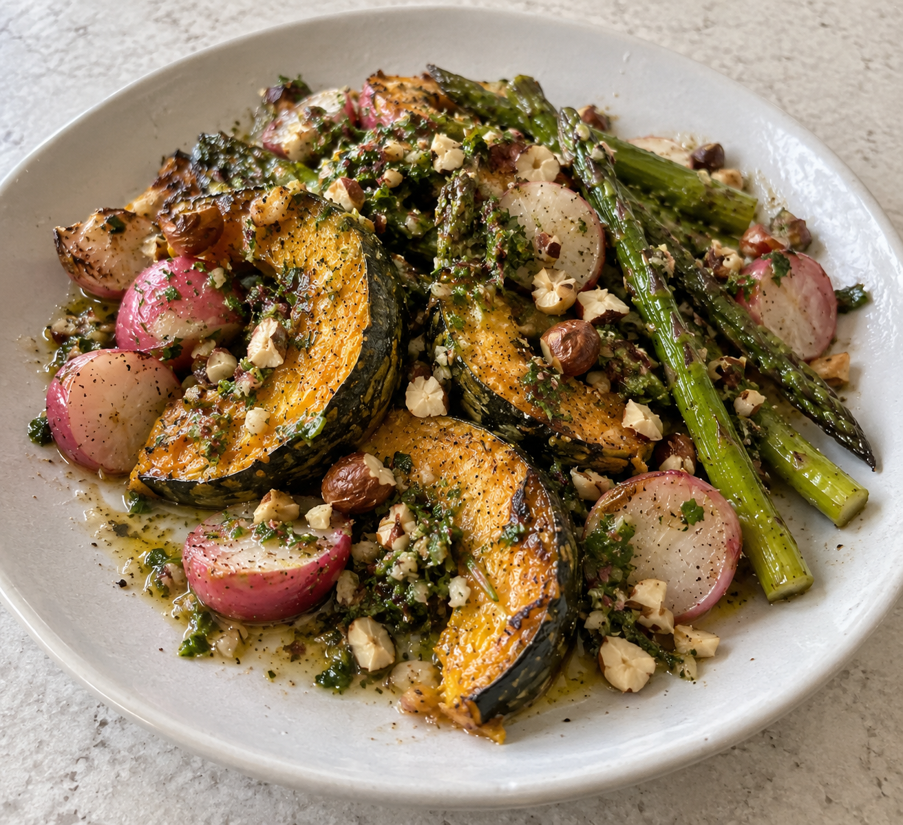 Roasted Fall Squash, Braised Radishes, and Asparagus with Hazelnut-Herb Sauce