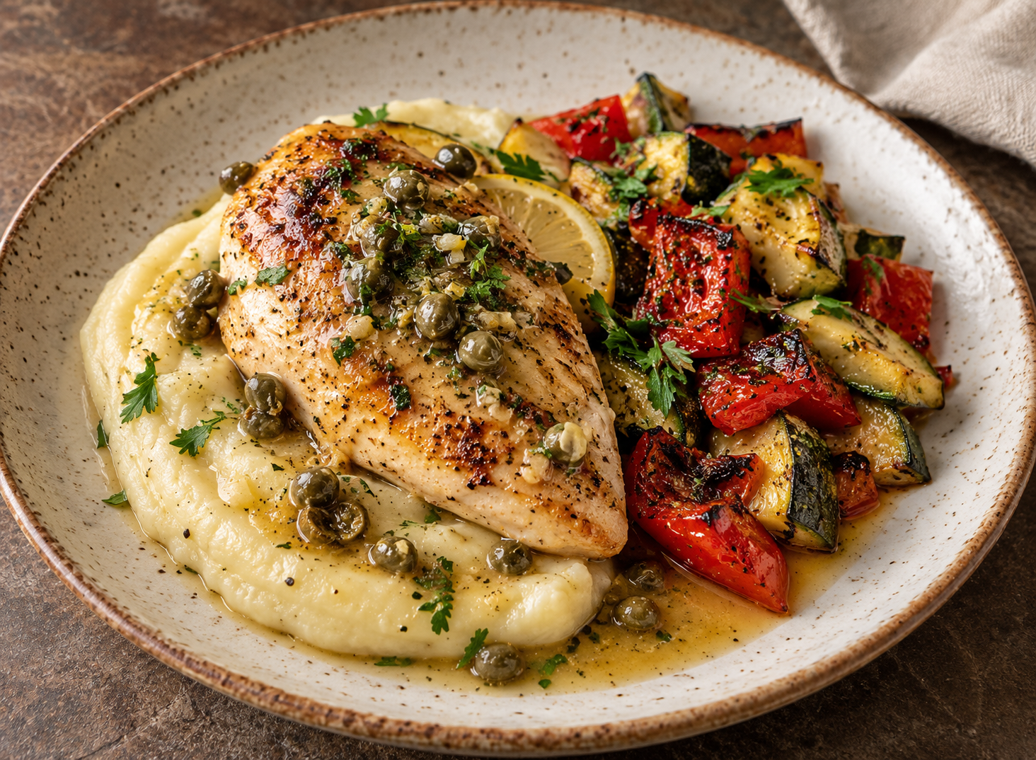 Chicken Breast with Lemon-Caper Butter, Potato Purée, and Roasted Pepper-Zucchini Medley