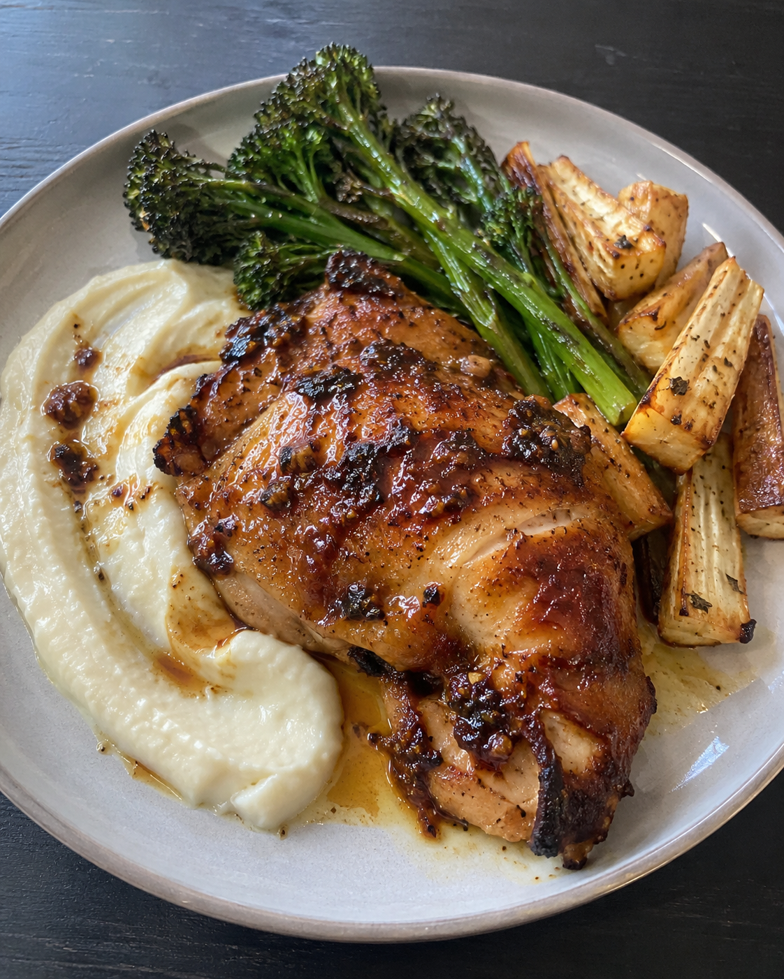 Fig-Harissa Roast Chicken with Broccolini and Parsnip Two Ways
