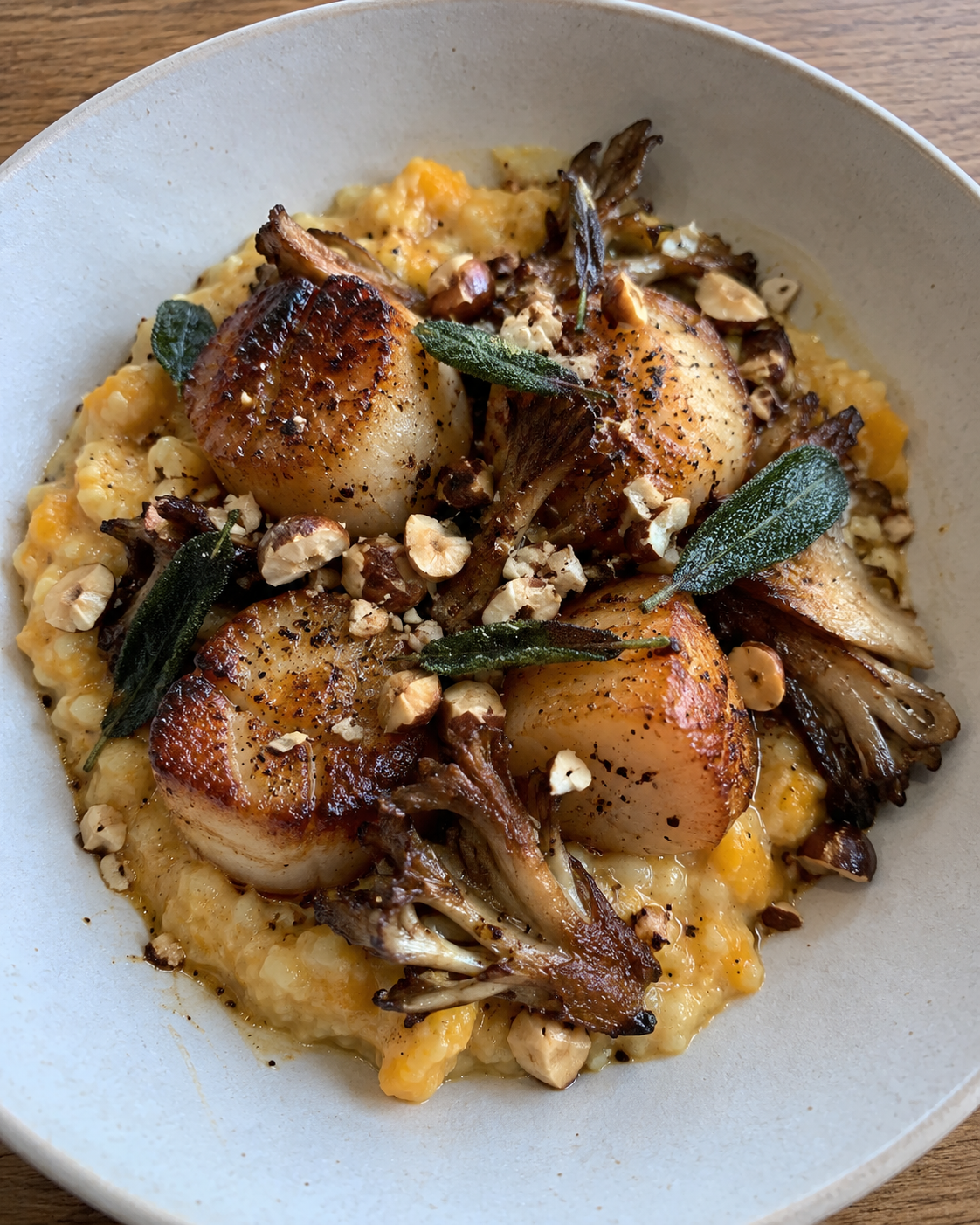 Seared Scallops with Butternut-Cauliflower "Risotto," Roasted Maitake, Crispy Sage, and Toasted Hazelnuts