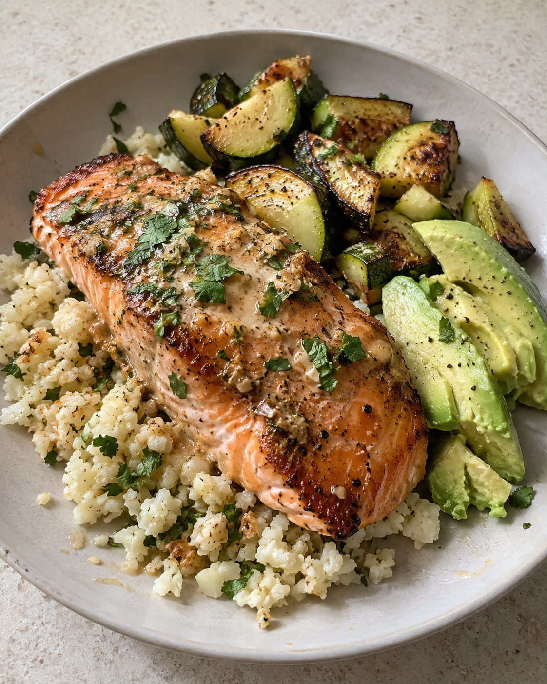 Coconut-Lime Wild Salmon with Coconut Cauliflower Rice, Roasted Zucchini, and Avocado