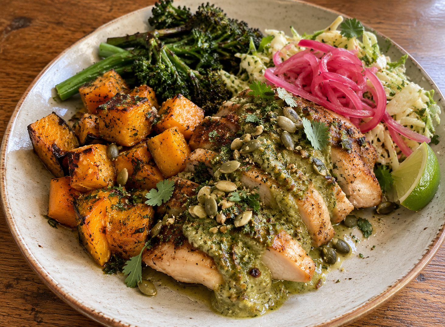 Chicken with Pumpkin-Seed Mole Verde, Roasted Squash, Broccolini, Lime Cabbage, and Pickled Onion