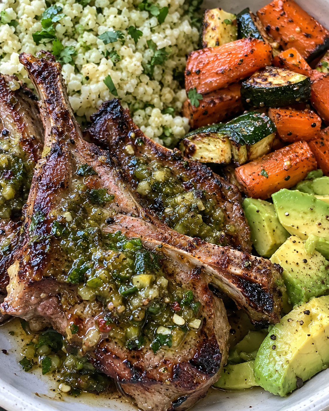 Lamb Chops with Charred Tomatillo Salsa, Cilantro-Lime Cauliflower Rice, Roasted Carrots and Zucchini, and Avocado
