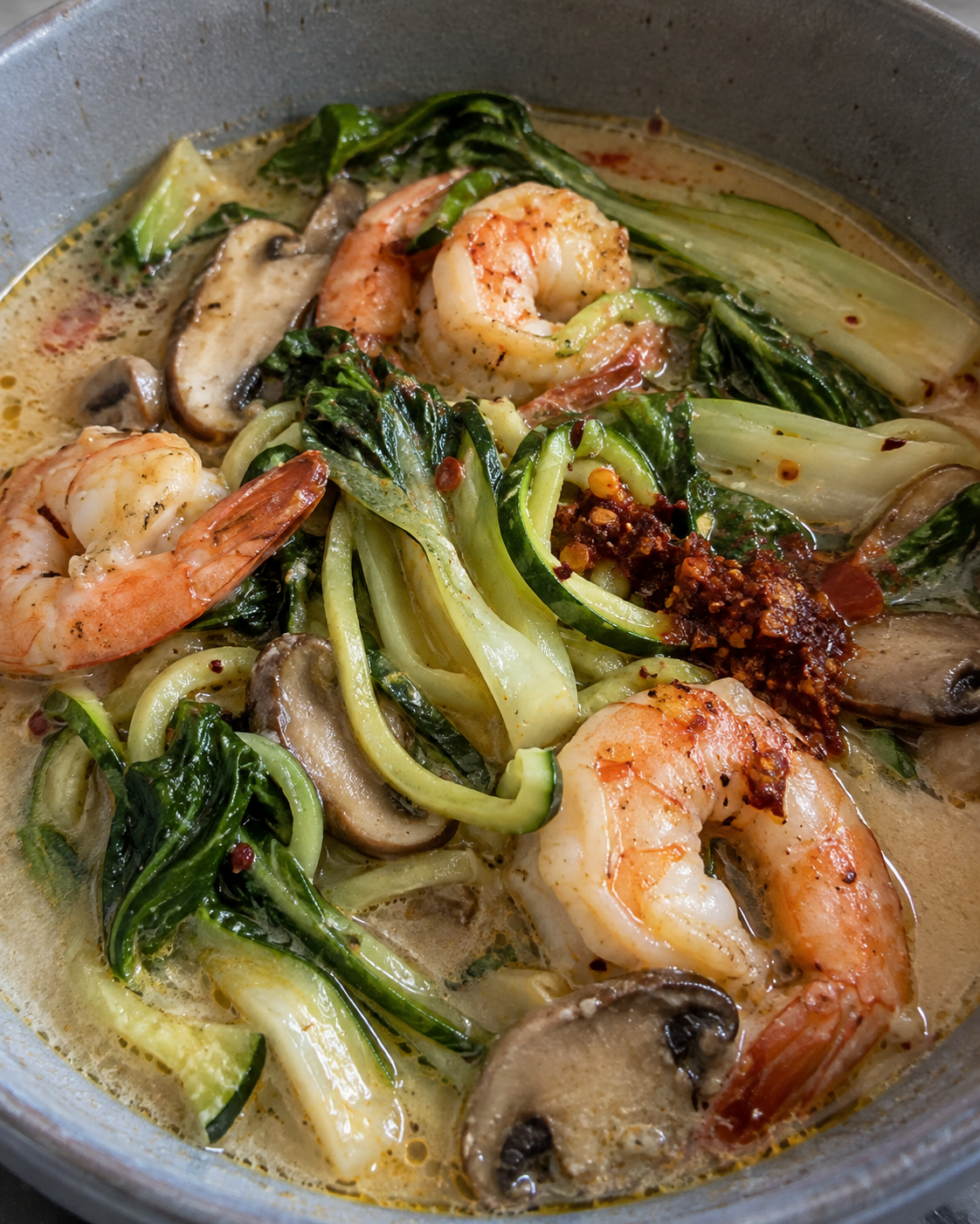 Shrimp in Coconut-Ginger Broth with Bok Choy, Mushrooms, Zucchini Noodles