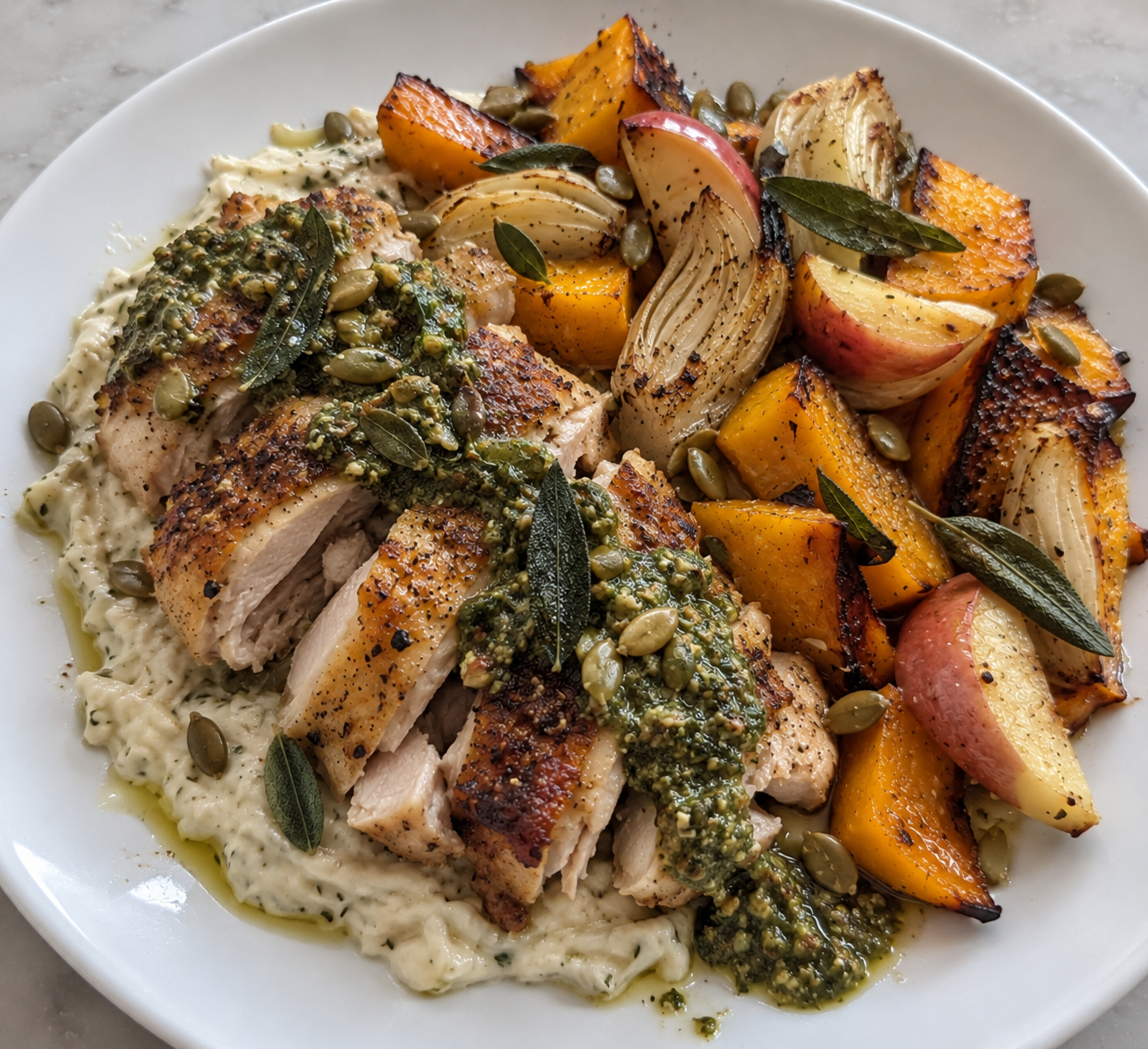 Roasted Chicken with Fennel Cream, Squash, Roasted Apple, and Sage-Pumpkin Seed Pesto