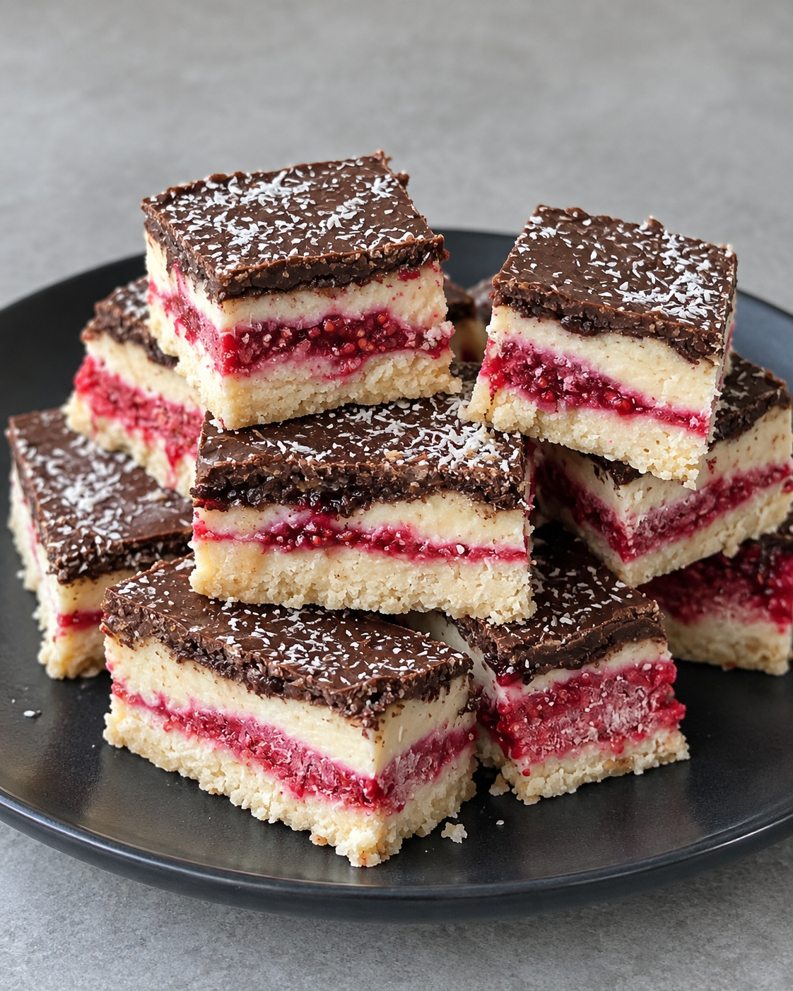 Lamington Slices with Raw Raspberry Jam, Vanilla Cream, and Chocolate