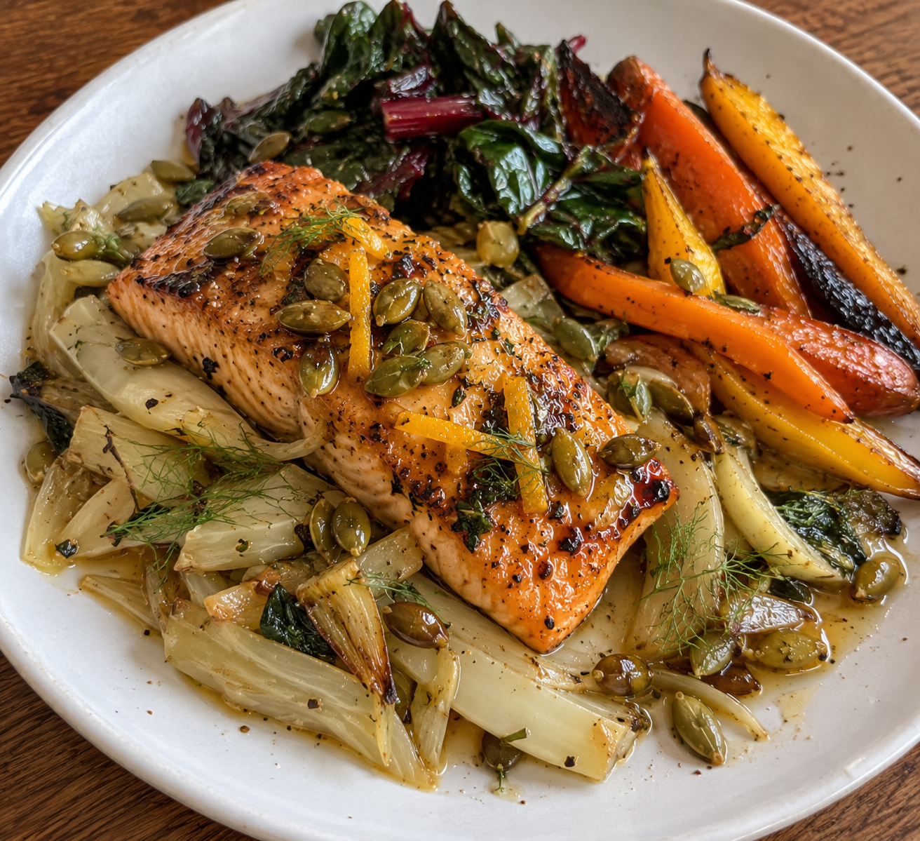 Orange-Glazed Wild Salmon with Braised Fennel, Roasted Carrots, Wilted Chard, and Toasted Pumpkin Seeds