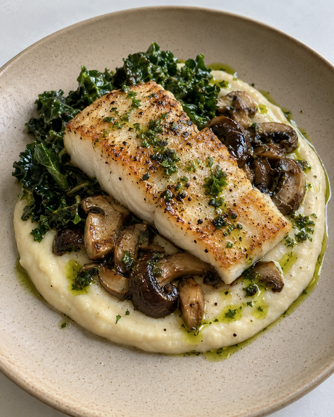 Seared Wild Halibut with Celery Root Purée, Roasted Mushrooms, Wilted Kale, and Parsley Oil