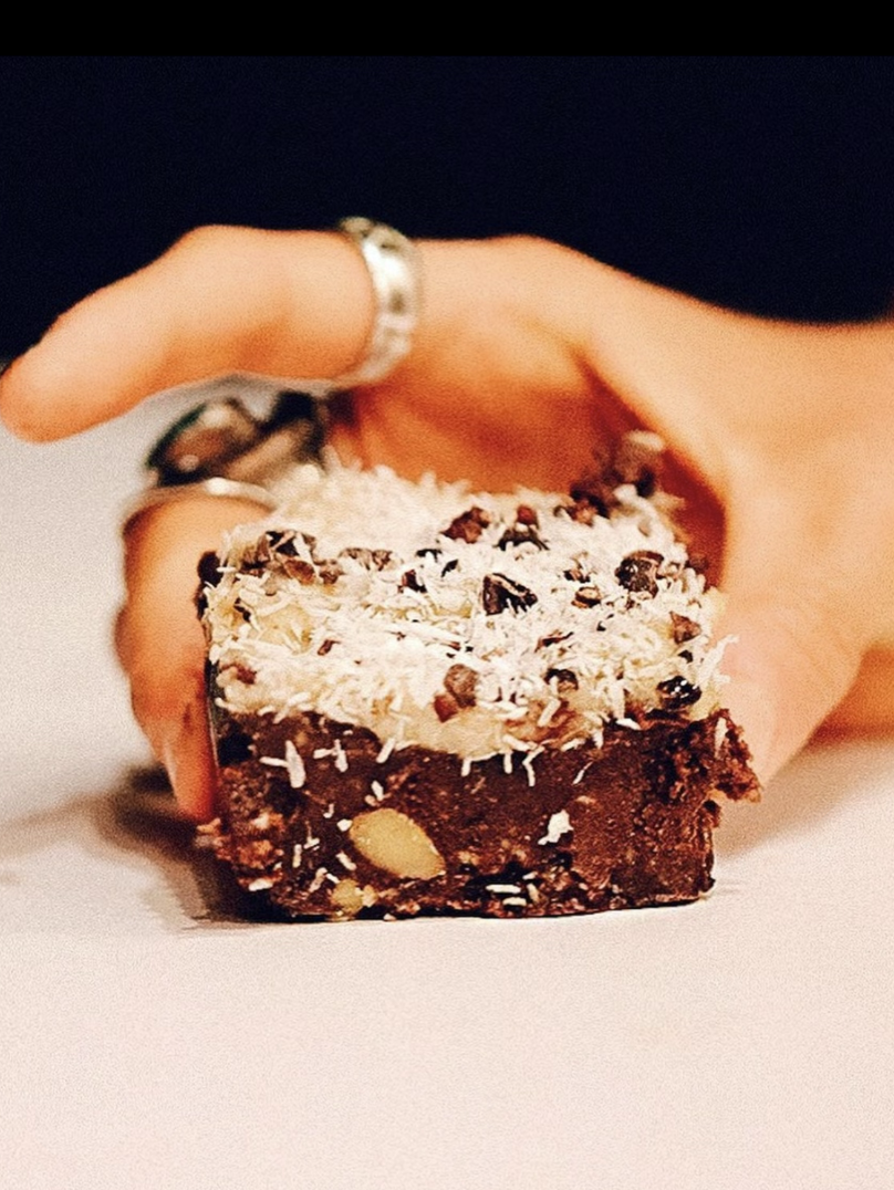 Raw Walnut-Cacao Chunk Brownies with "Cream Cheese" Frosting