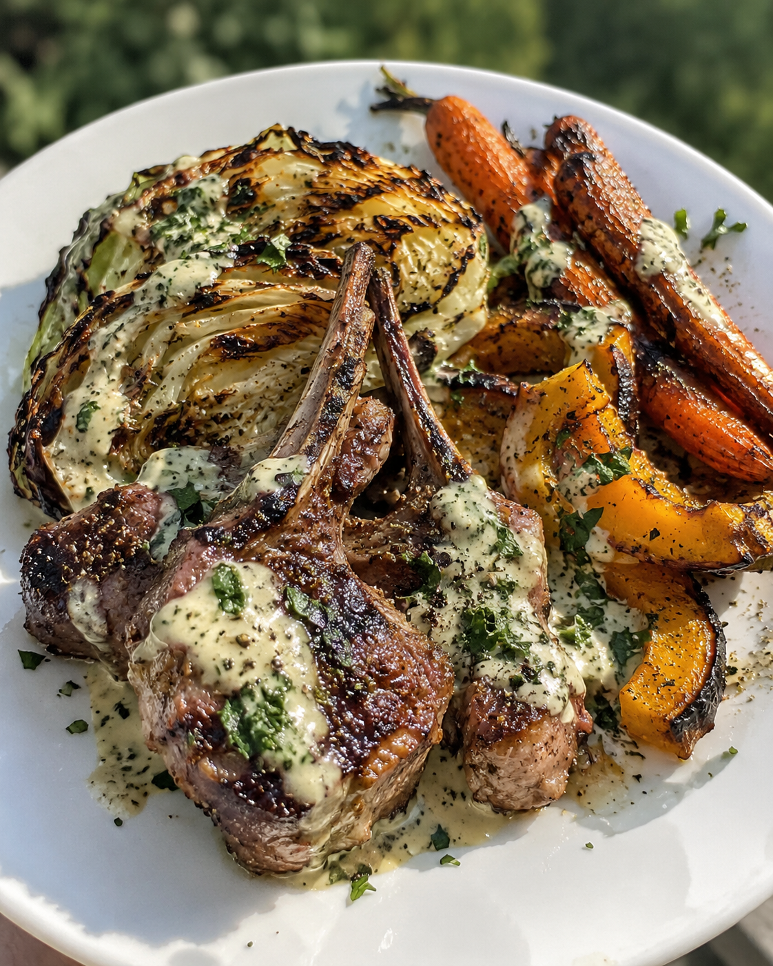 Lamb Chops with Charred Cabbage, Roasted Carrots and Squash, and Herb Tahini