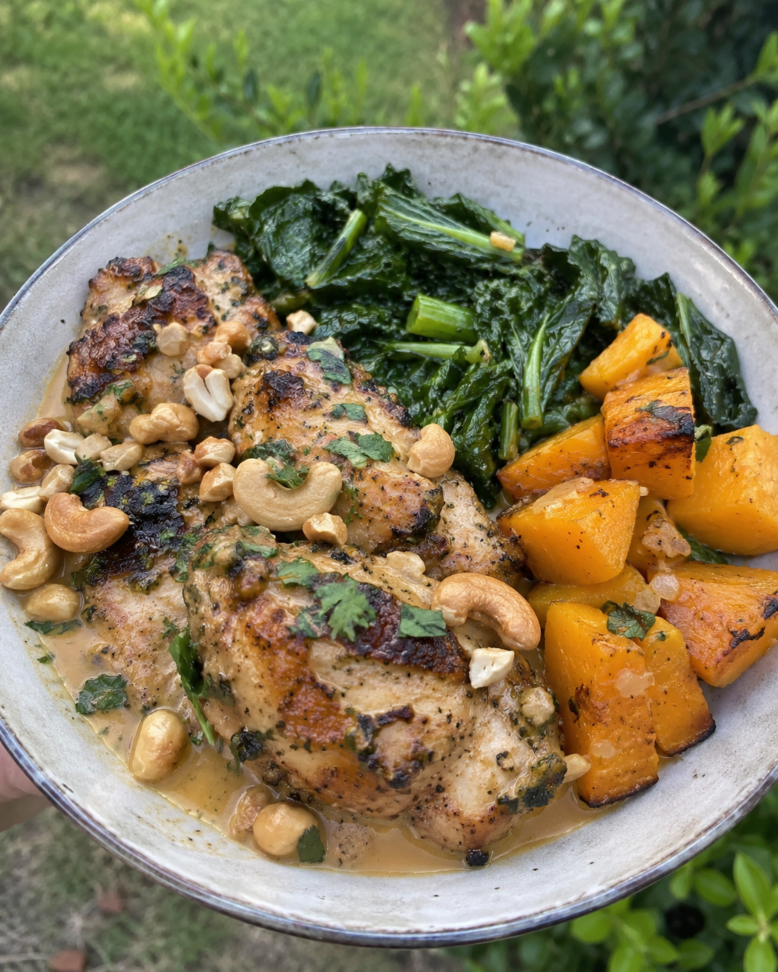 Coconut-Lime Chicken with Braised Greens, Gingered Squash, and Toasted Cashews