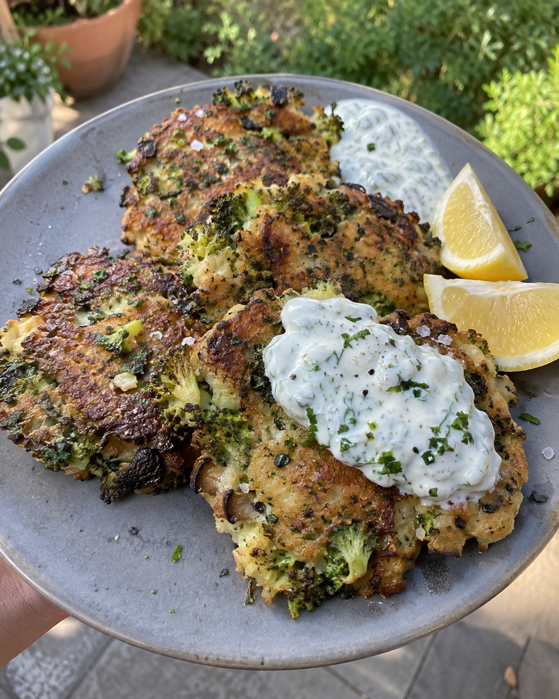 Broccoli &amp; Shiitake Fritters with Lemon-Dill Yogurt Sauce