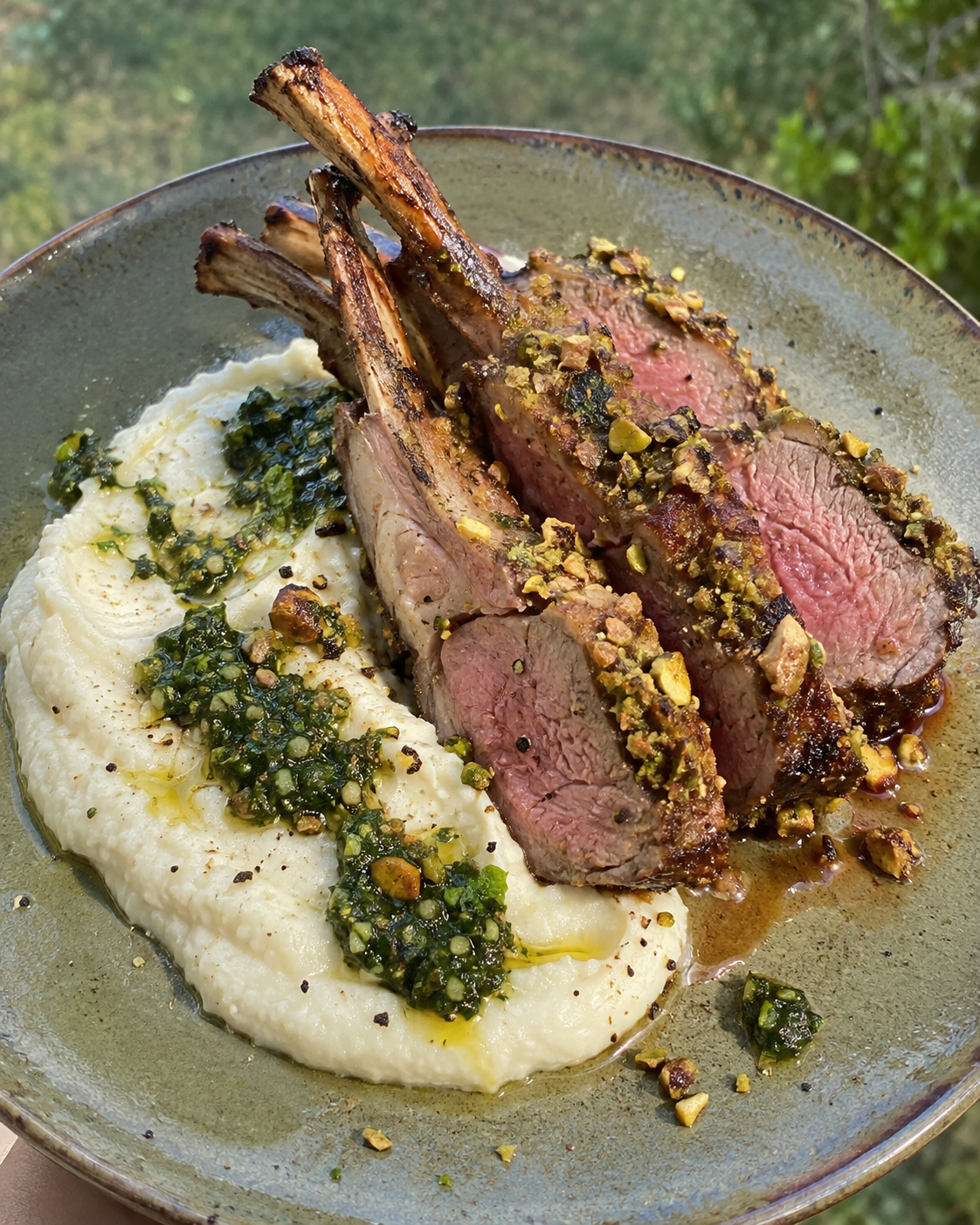 Pistachio-Crusted Rack of Lamb with Cauliflower Purée &amp; Mint Pesto