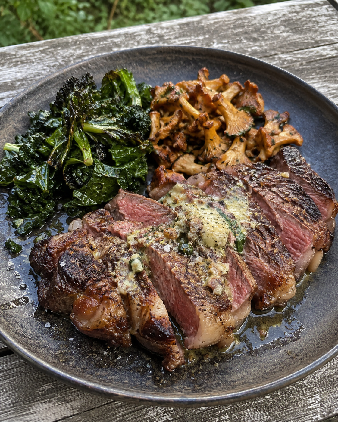 Ribeye with Anchovy-Herb Butter, Peppers, Chanterelles &amp; Garlicky Greens