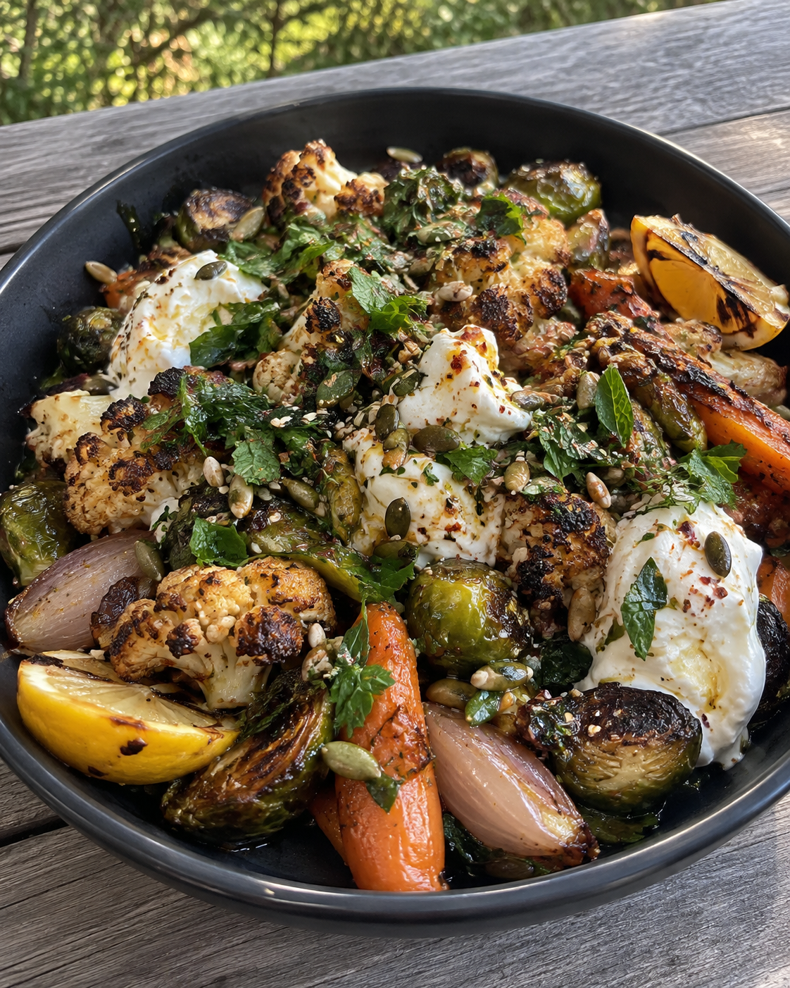 Crispy Blackened Cauliflower, Brussels Sprouts, Carrots &amp; Shallots with Burrata and Herbs