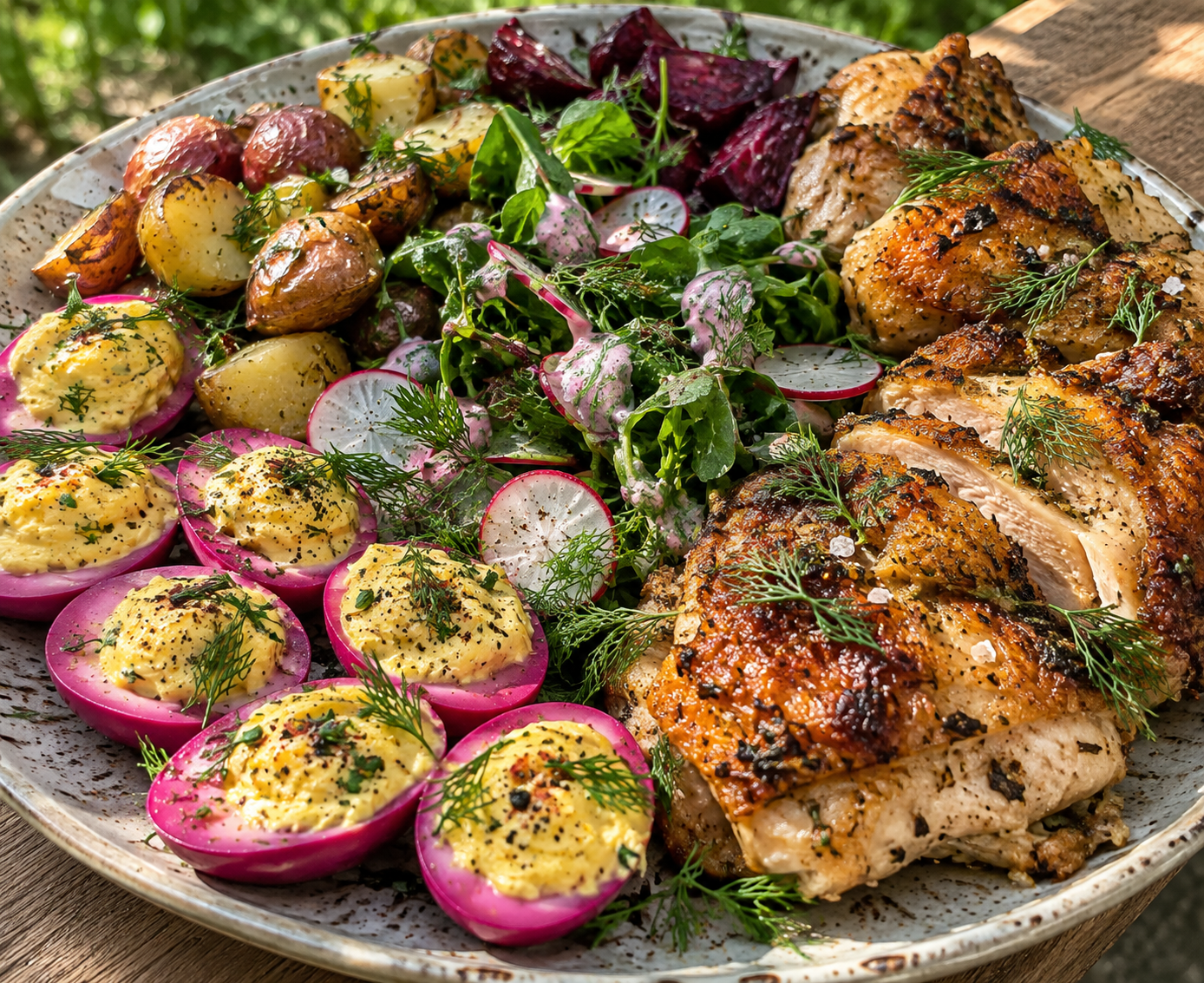 Spring Chicken Salad Platter with Pickled Beet Deviled Eggs