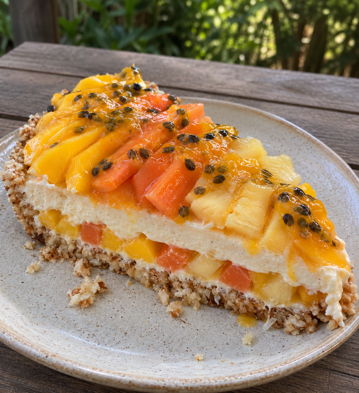 Hawaiian Macadamia-Coconut Cheesecake with Mango, Papaya, Pineapple &amp; Passionfruit