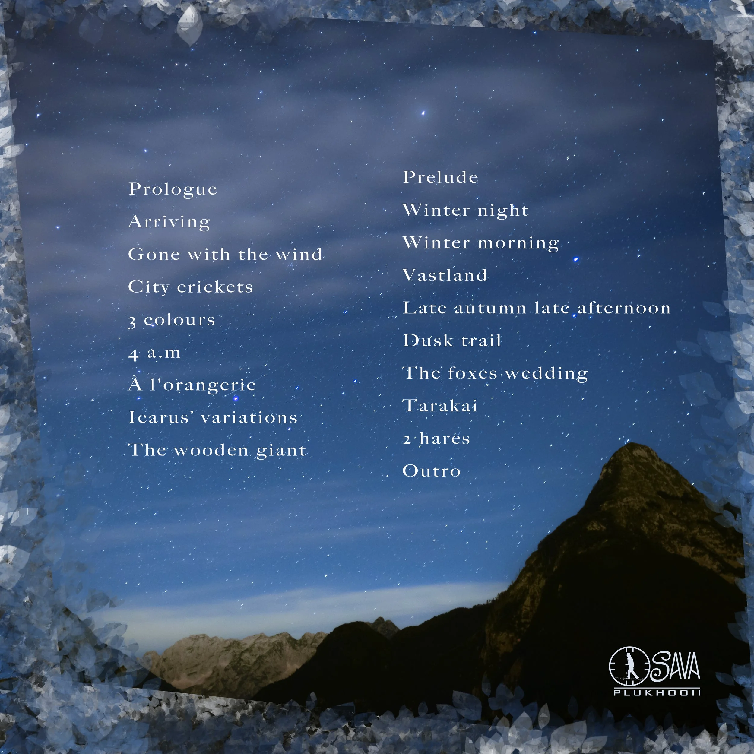 Night sky filled with stars, mountain silhouette in foreground, overlaid with a list of poem titles and sections, decorative border with leaves, Sava Plukhoomi logo in bottom right corner.