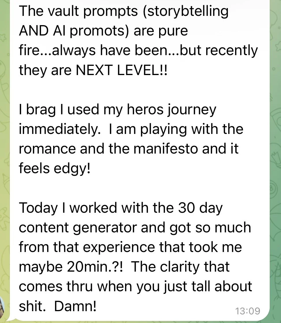 Text message discussing the excitement about improvements in AI story prompts, personal achievements with content creation tools, and revelations about gaining clarity and understanding from sharing ideas.