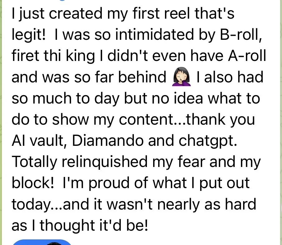 Screenshot of a text post about creating a first reel, feeling intimidated but proud of overcoming fear, thanks to AI tools like ChatGPT and Diamond. Includes an emoji of a person facepalming.