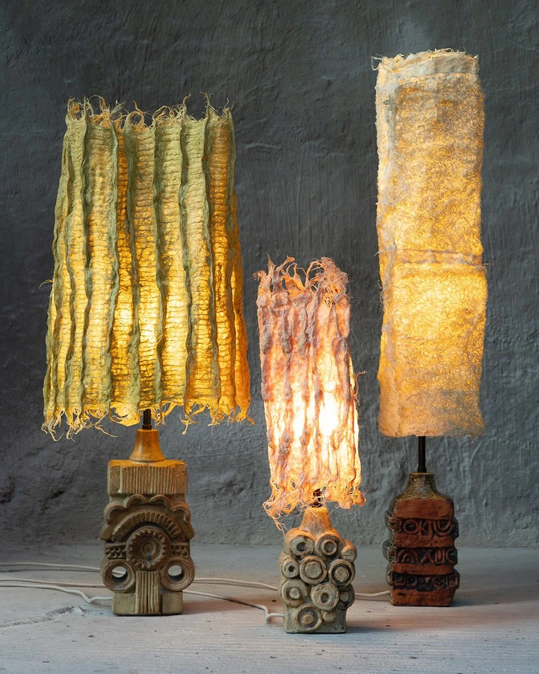 ROOT [2025] &amp; ROOKE [1960s]
Bernard Rooke (b.1938), a renowned British artist and studio potter, is celebrated for his stunning brutalist ceramic lamp bases from the 1960s/70s. Many original lampshades have been lost over time, so I decided to gr