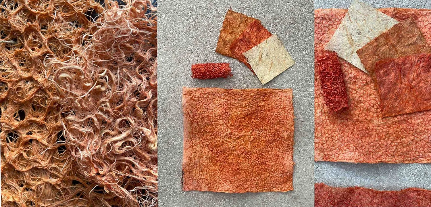 Root materials, naturally dyed with madder, showing variations of reds and oranges