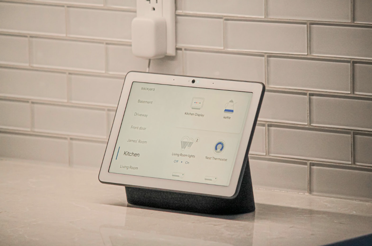 white ipad on a counter top