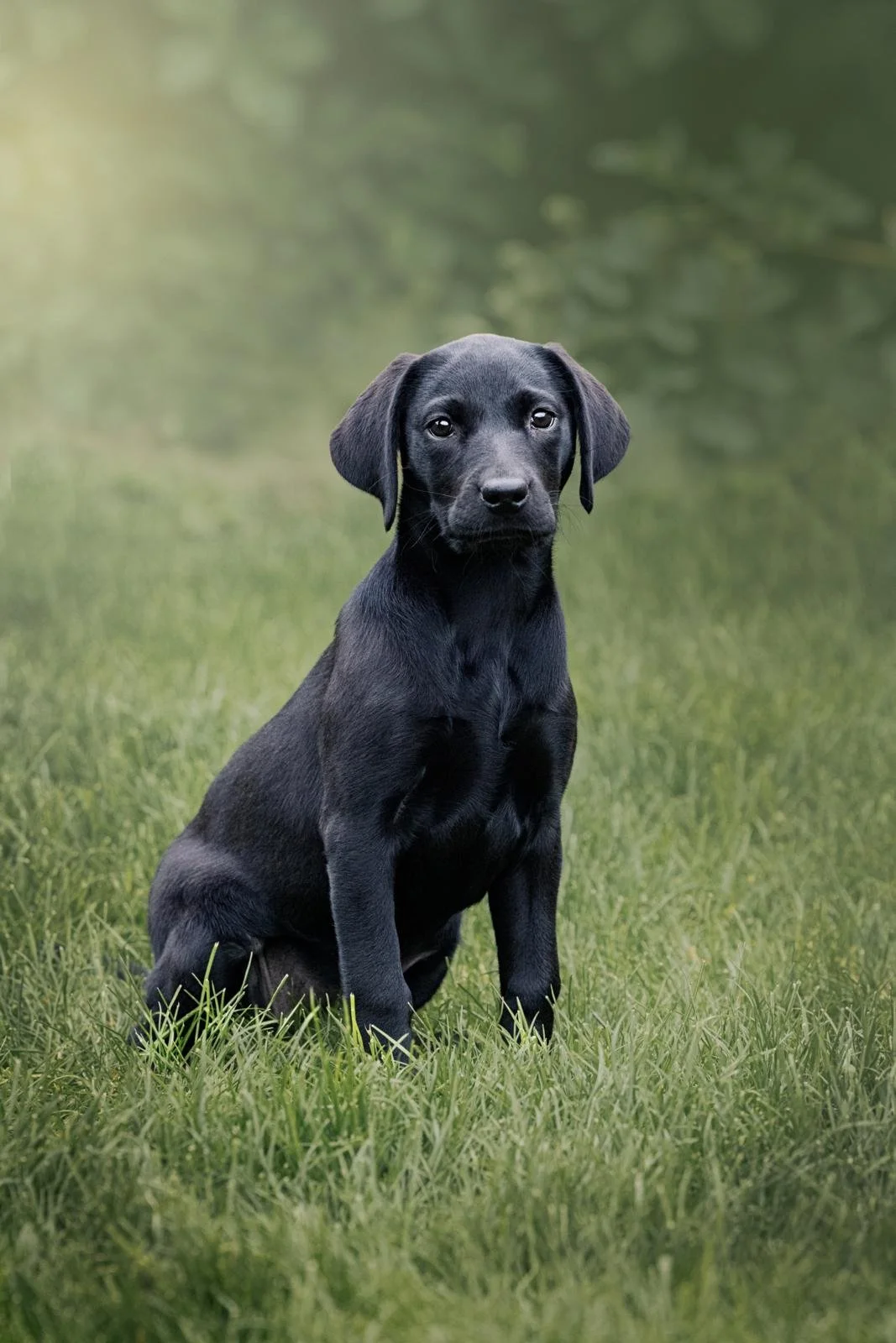 A black plabrador puppy, doing a sit stay, posing for a picture.