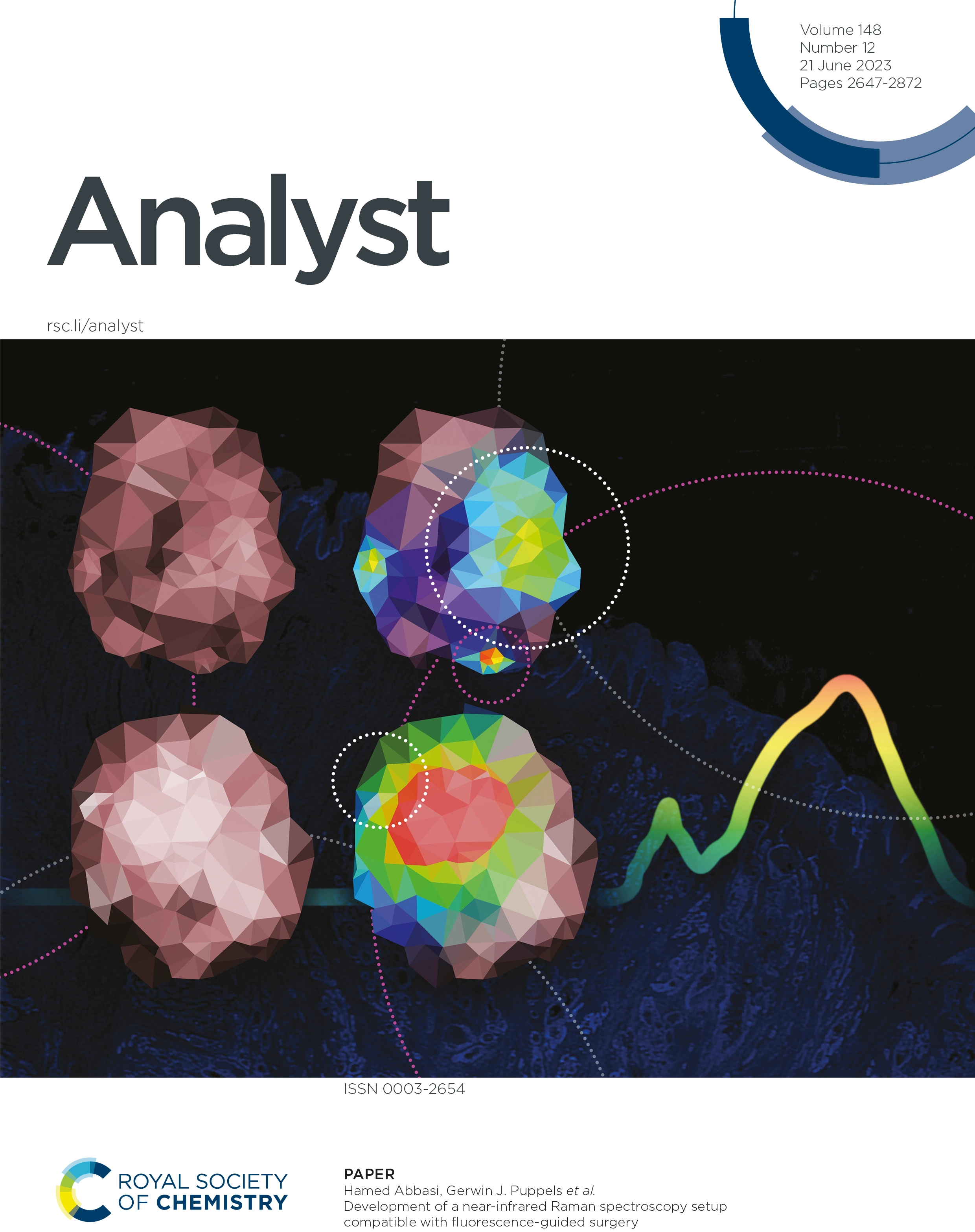 Cover of a scientific journal titled 'Analyst,' featuring a digital illustration of colorful, low-poly molecular structures and data graphs, with the Royal Society of Chemistry logo at the bottom.