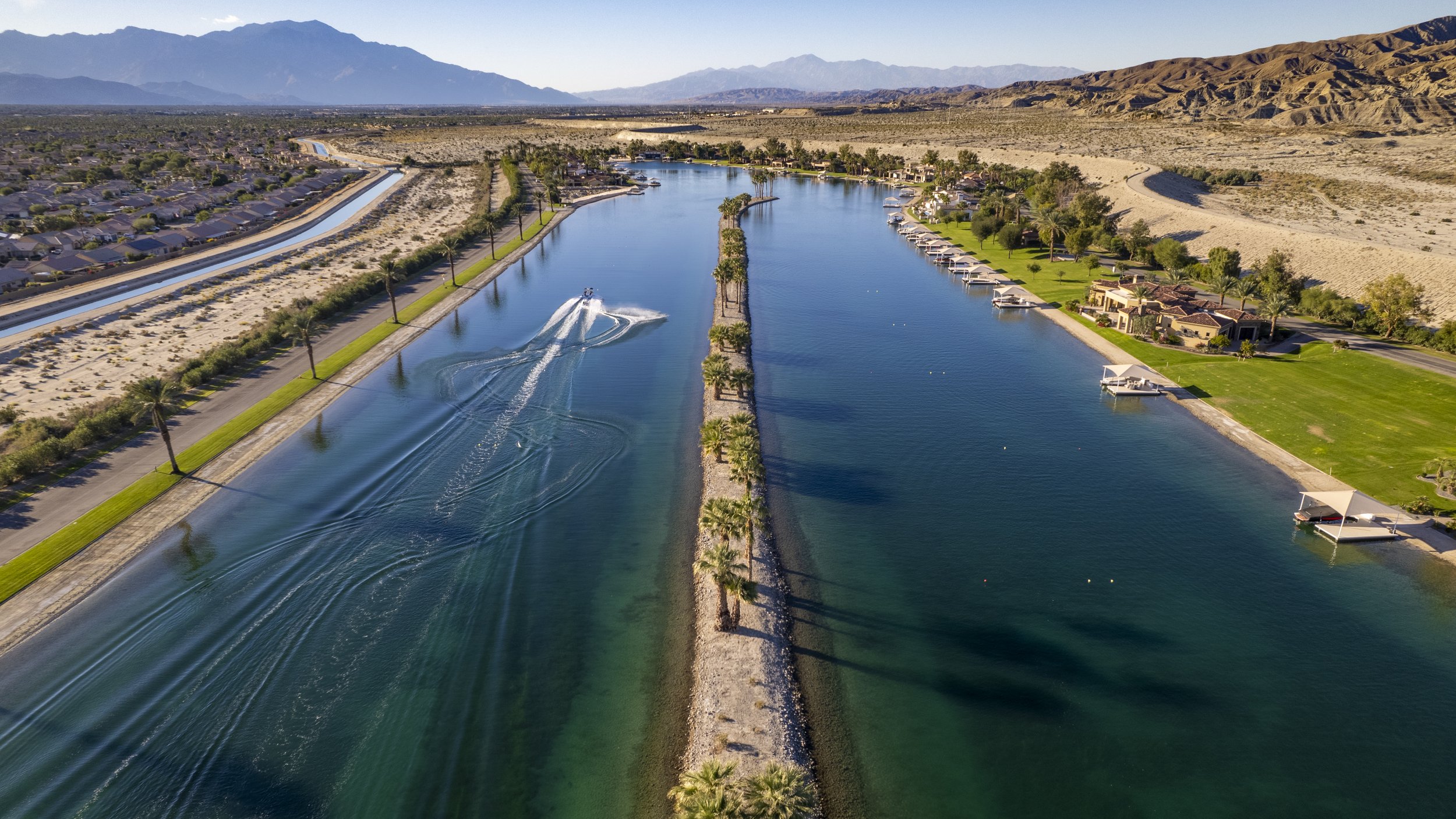 Aerial view of a lake community in the desert