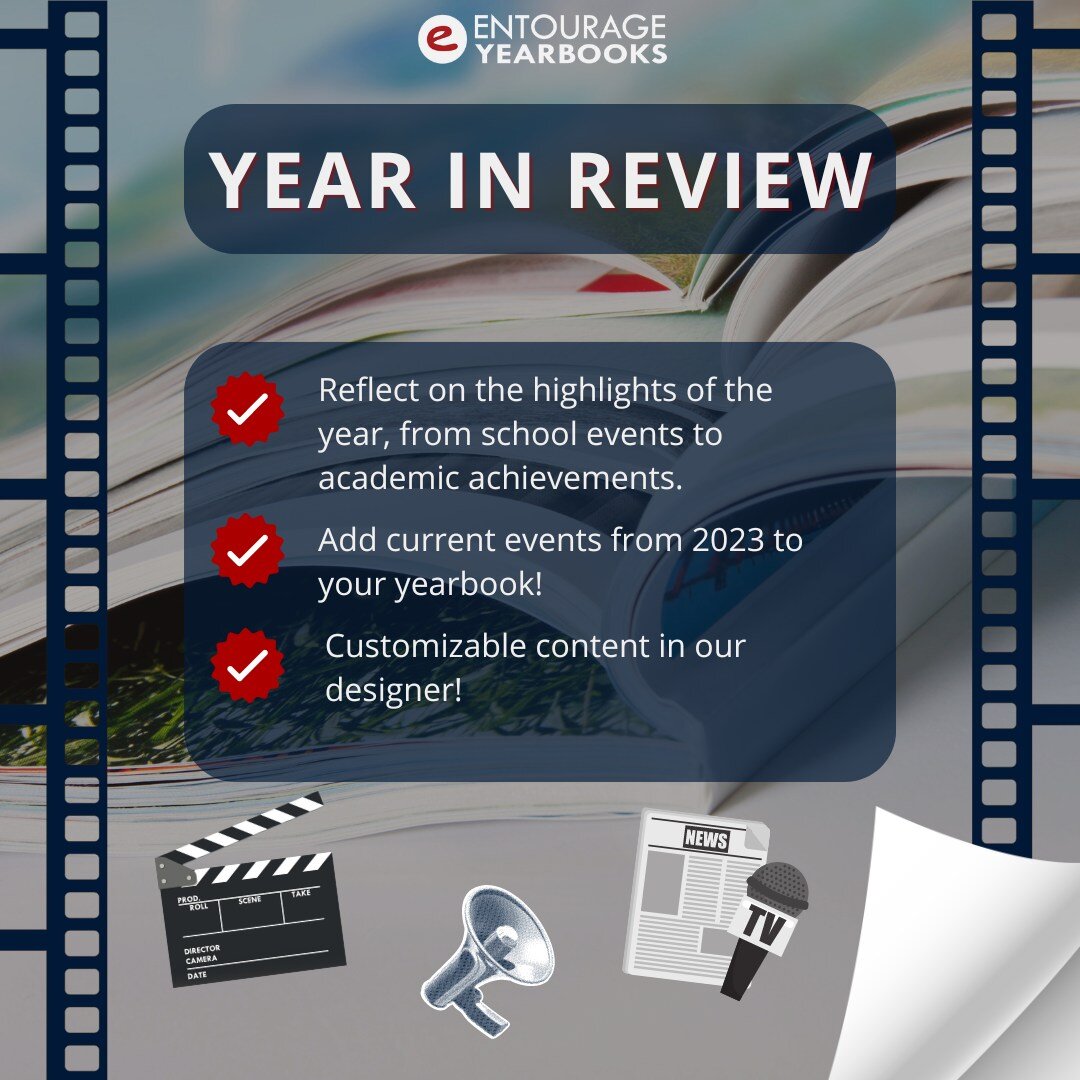 Entourage Yearbooks Year in Review pages are now available in our designer. This year, we've implemented an editable feature, allowing advisors to personalize the content. Add your year in review today! #yearinreview