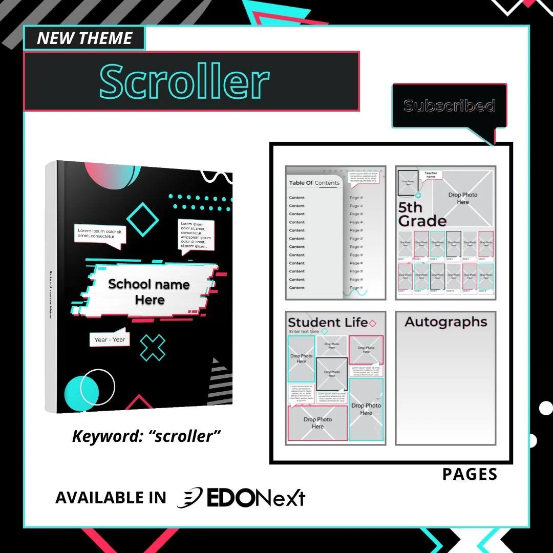 Introducing Scroller, our newest yearbook theme that&rsquo;s sleek, stylish, and scroll-stopping. Ready to make your pages pop? #EDONext #Scroller