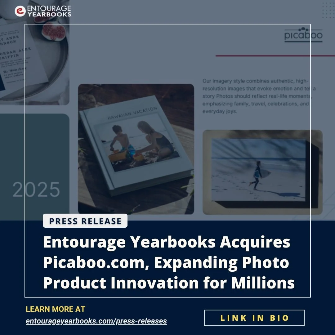 Entourage Yearbooks is excited to announce the acquisition of Picaboo.com, a pioneer in online photo products. Read the full press release in our bio or visit: https://entourageyearbooks.com/press-releases/