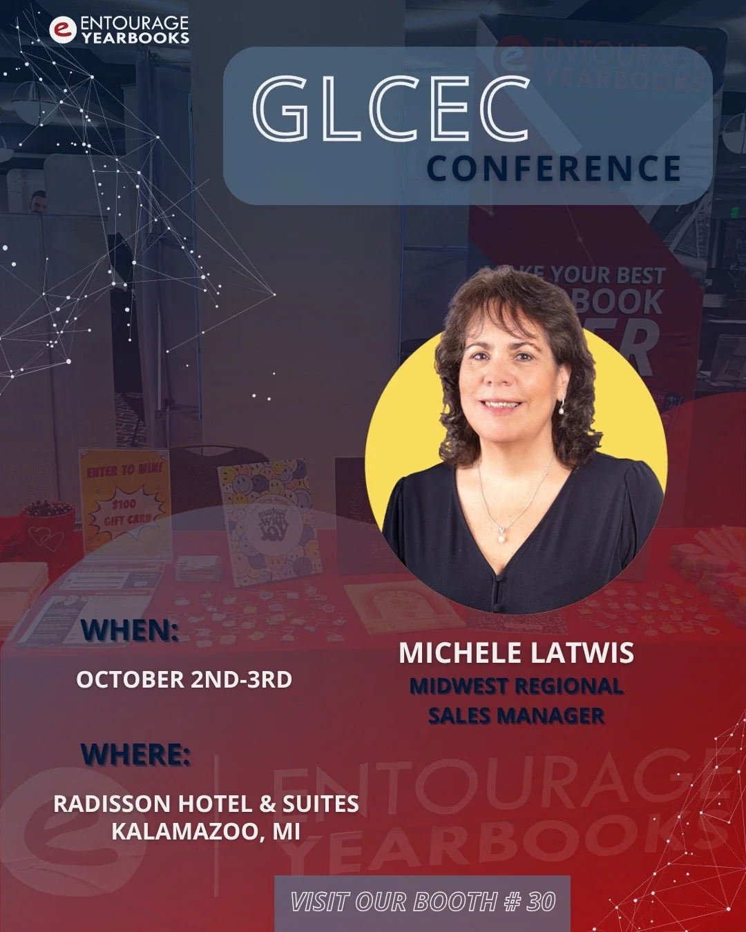Stop by our booth at GLCEC! Michele is excited to chat and help with all your yearbook needs. #GLCEC