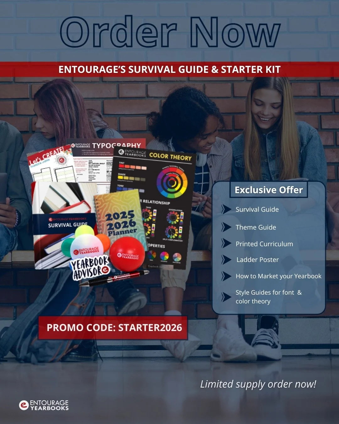 Don&rsquo;t miss out on your 2025&ndash;2026 School Year Starter Kit!
This essential kit includes our Yearbook Survival Guide, Theme Guide, and design posters to help you create your best yearbook yet.
Order today using promo code STARTER2026!