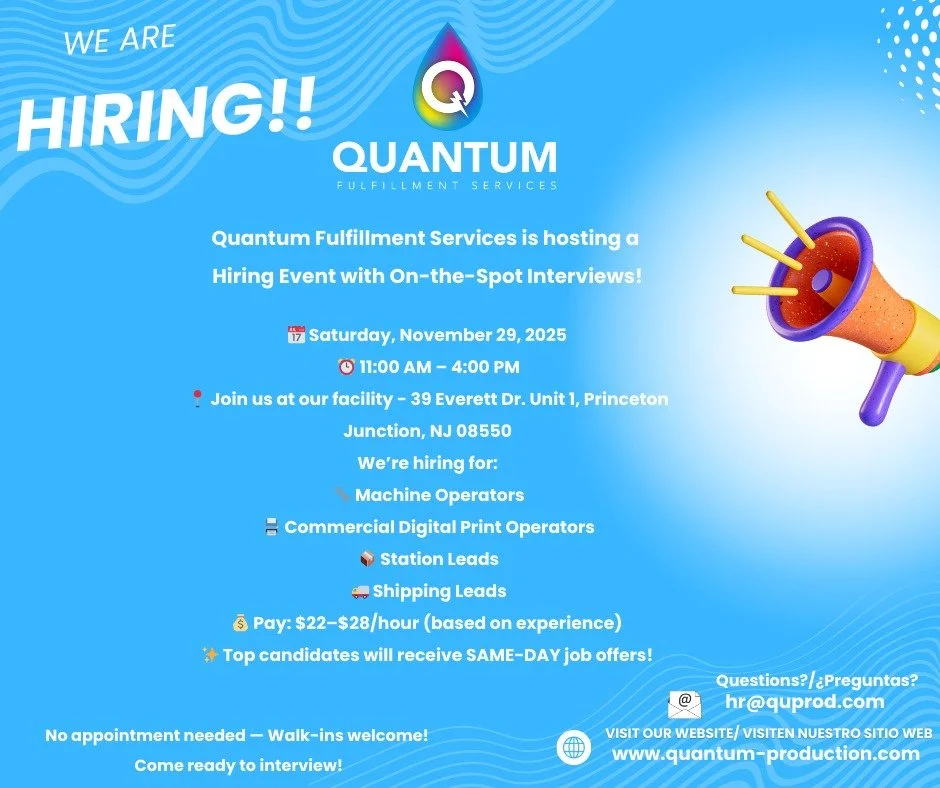 Entourage Yearbook's printing facility, Quantum, is hiring! Come to our offices on November 29, 2025, for on-the-spot interviews. Our location is 39 Everett Dr., Unit 1, Princeton Junction, NJ 08550. We can't wait to see you there.
