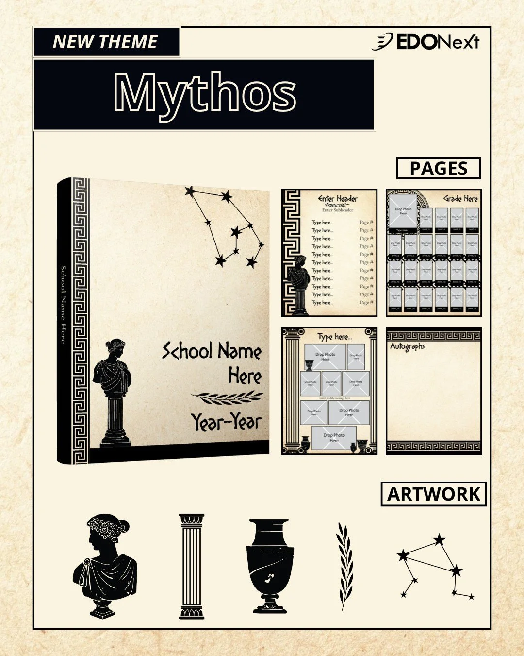 Entourage is excited to introduce new design themes for 2026. Mythos is a Greek mythology inspired theme that brings bold storytelling and timeless style to your yearbook.