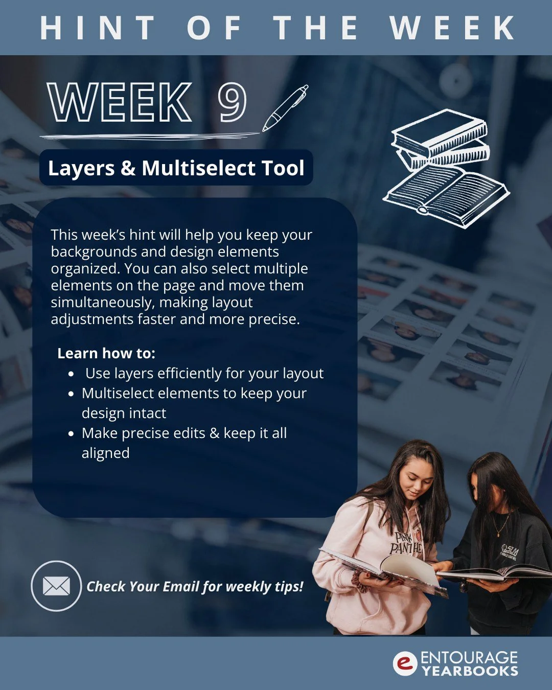 Hint of the Week #9: Layers &amp; Multiselect Tool

Learn how to use our layers and multiselect tool to create the most dynamic yearbook design.

Check your email for details or visit the link in our bio!