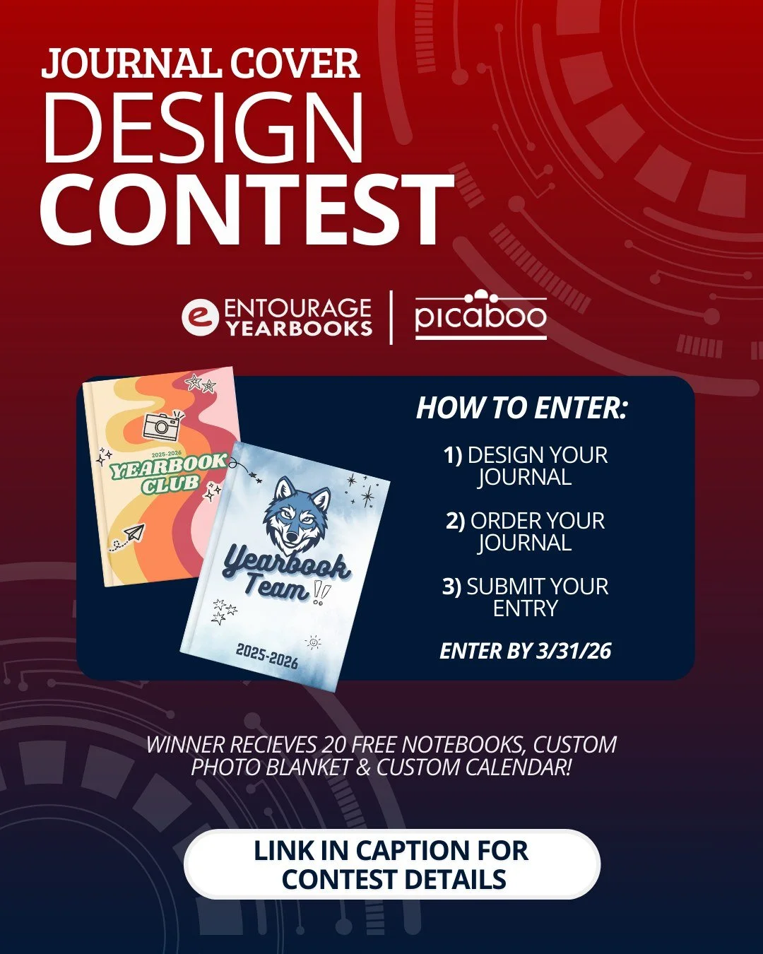 Calling all creative yearbook advisors🎨

Design a custom journal on Picaboo and enter it in the March Journal Design Contest. Your design could be featured online and on social media.
Submit the interest form to receive your free journal coupon code