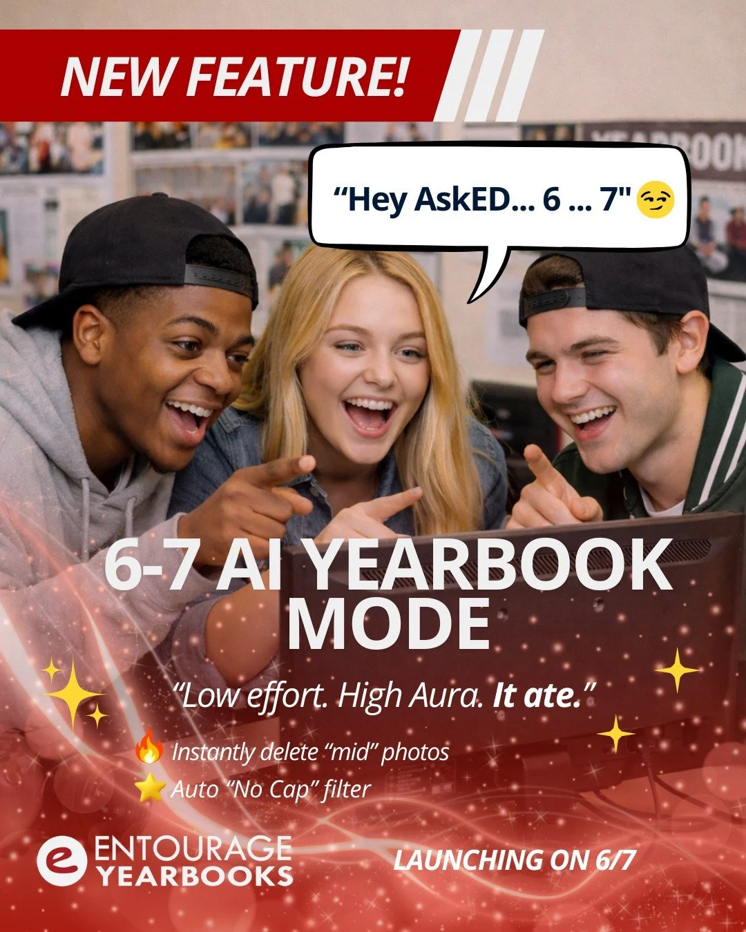 🚨 NEW FEATURE 🚨

Meet 6-7 AI Yearbook Mode 🤖

Just say &ldquo;6&hellip; 7&hellip;&rdquo; and AI builds your yearbook&mdash;layouts, captions, even superlatives.

Early testers: &ldquo;Low effort. High aura. It ate.&rdquo;

✔️ Auto layouts
✔️ AI ca