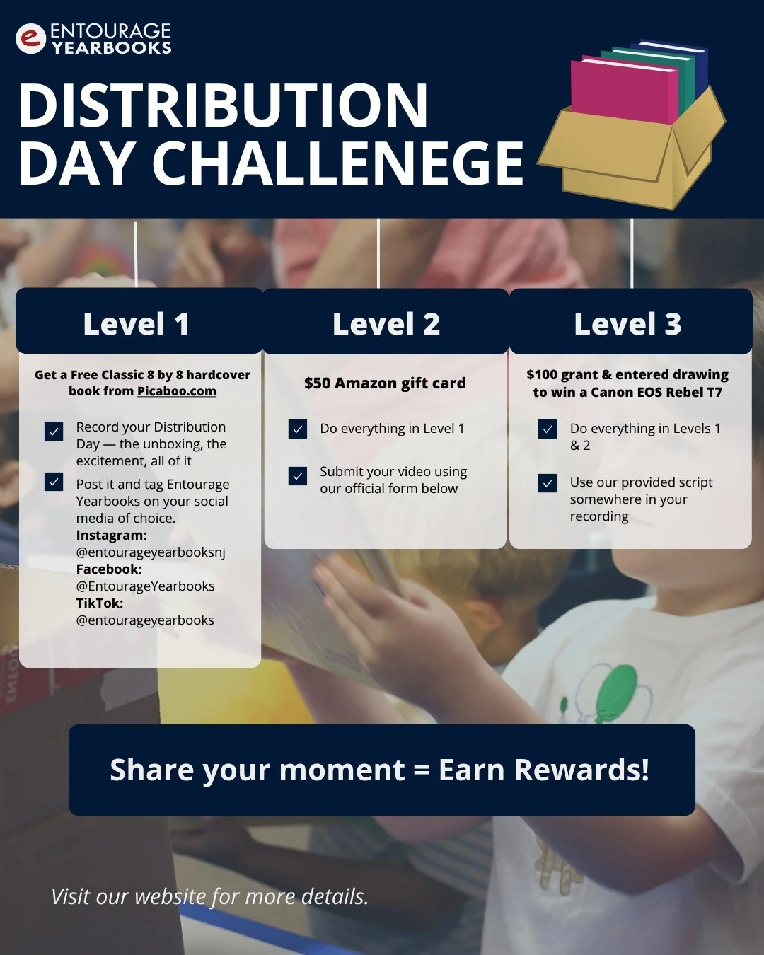 Entourage Yearbooks is launching our Distribution Day Challenge 📦🎉Show us your yearbook delivery moments and earn rewards along the way.

Check out all the details at the link in our bio!