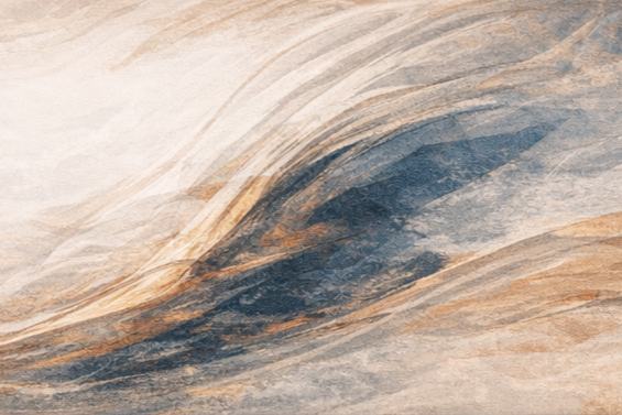 Abstract painting with swirling patterns in beige, brown, and blue tones.
