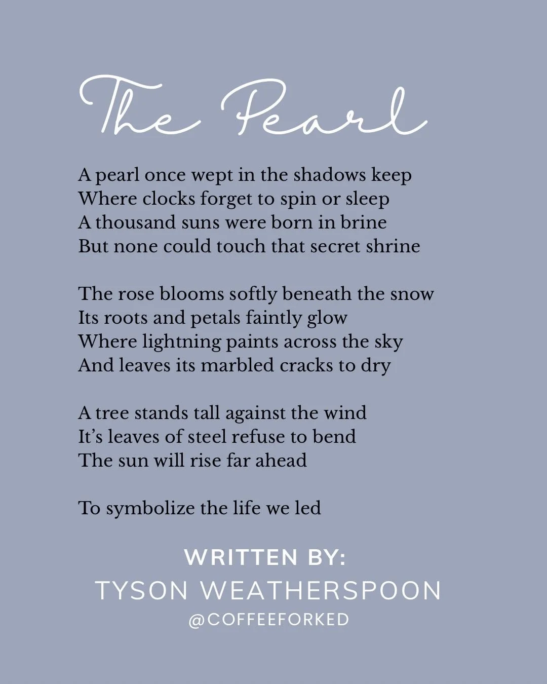 Tyson, our featured poet, is a junior in high school who has found a way to masterfully paint with words. 

When asked what he wanted his readers to draw from his poem, he had this to say:

 "I want the audience to know the most important things